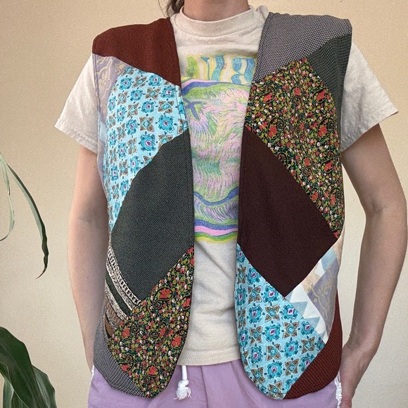 Patchwork Relaxed Fit Casual Vest Boho Southwestern Retro Prints Funky Hand Made - Picture 4 of 5
